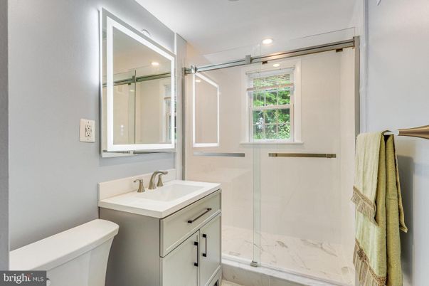 Bathroom, Glass Shower, Interior, Marble Walls, Recessed Lighting