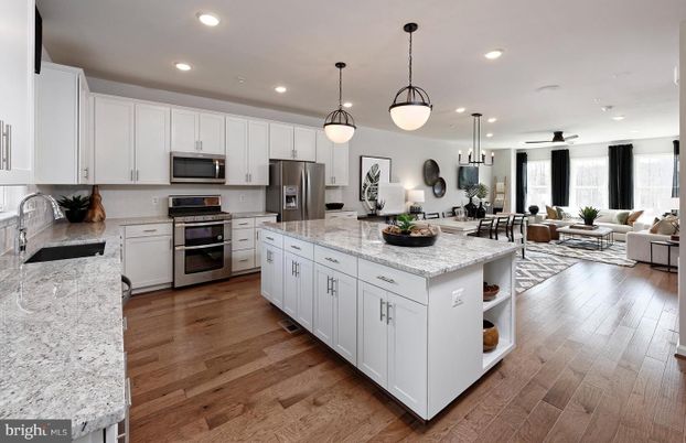 Dining room, Interior, Kitchen, Living room, Pendant Lights, Recessed Lighting, Stainless Steel Appliances, Wood Texture Flooring