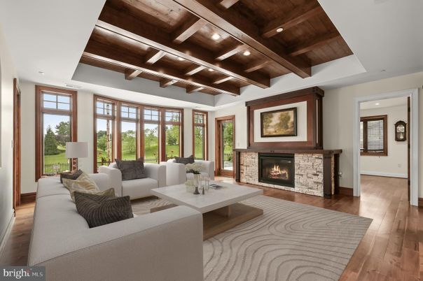 Fireplace, Interior, Living room, Recessed Lighting, Wooden Beams, Wooden Ceilings, Wood Texture Flooring