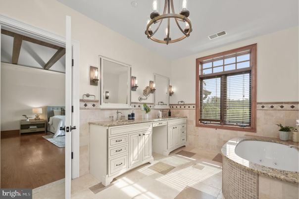 Bathroom, Bedroom, Dual Sink Vanities, Interior, Pendant Lights, Wood Texture Flooring