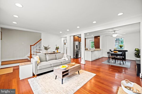Dining room, Interior, Kitchen, Living room, Recessed Lighting, Stainless Steel Appliances, Wood Texture Flooring
