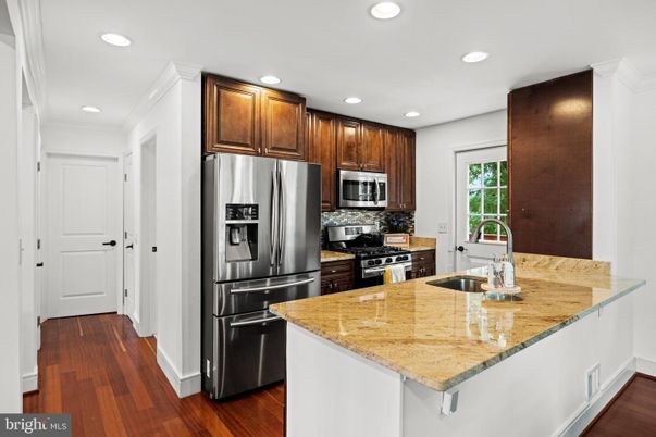 Interior, Kitchen, Recessed Lighting, Stainless Steel Appliances, Wood Texture Flooring