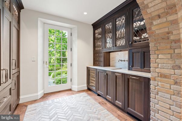 Interior, Kitchen, Recessed Lighting, Stone Walls, Wood Texture Flooring