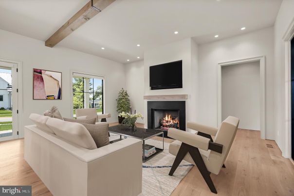 Fireplace, Interior, Living room, Recessed Lighting, Wooden Beams, Wood Texture Flooring