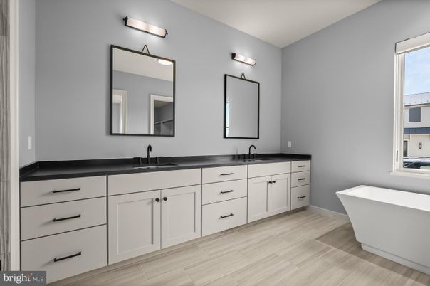 Bathroom, Dual Sink Vanities, Free Standing Baths, Interior, Wood Texture Flooring