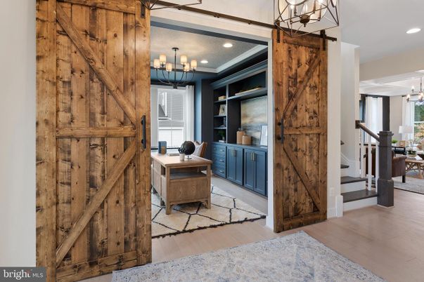 Chandelier, Home Office, Interior, Recessed Lighting, Wood Texture Flooring, Wooden Walls
