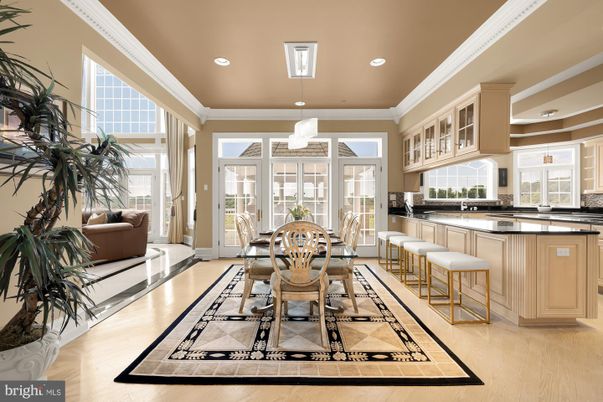 Chandelier, Dining room, Interior, Recessed Lighting, Wood Texture Flooring