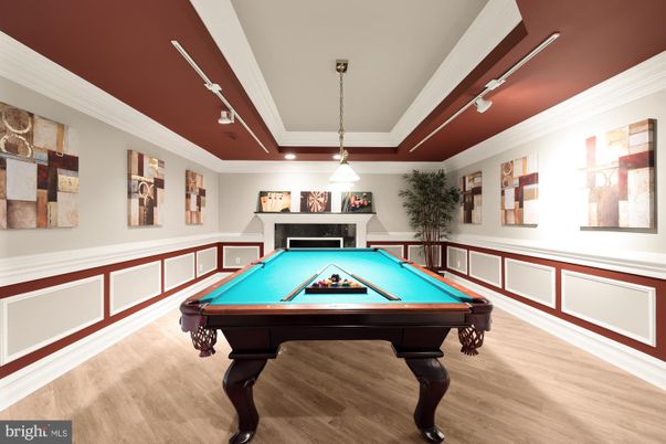 Billiard Table, Fireplace, Game Room, Interior, Pendant Lights, Recessed Lighting, Wood Texture Flooring