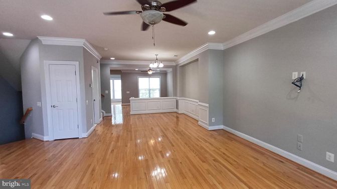 Chandelier, Empty room, Interior, Recessed Lighting, Wood Texture Flooring