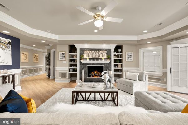 Fireplace, Interior, Living room, Recessed Lighting, Wood Texture Flooring