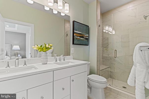 Bathroom, Dual Sink Vanities, Glass Shower, Interior, Marble, Marble Walls