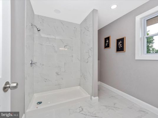 Bathroom, Glass Shower, Interior, Marble, Marble Walls, Recessed Lighting