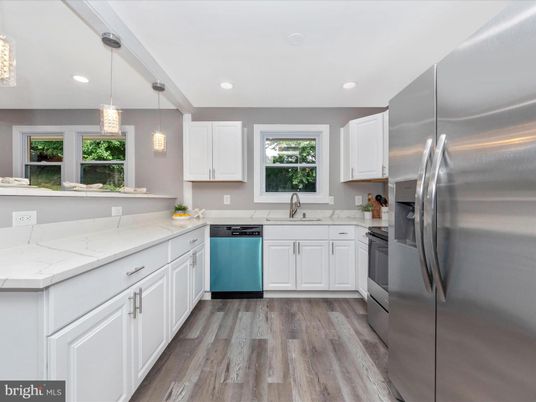 Interior, Kitchen, Pendant Lights, Recessed Lighting, Stainless Steel Appliances, Wood Texture Flooring