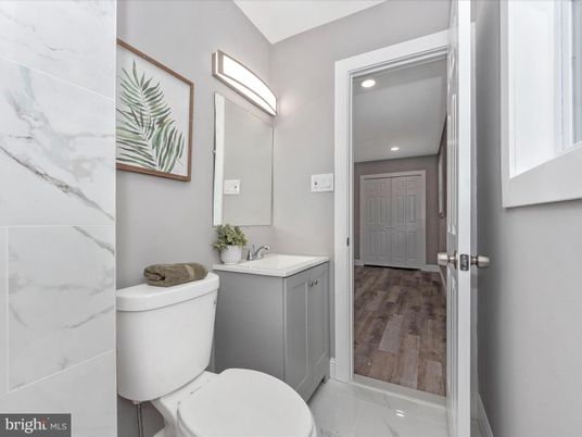 Bathroom, Interior, Marble, Marble Walls, Recessed Lighting, Wood Texture Flooring
