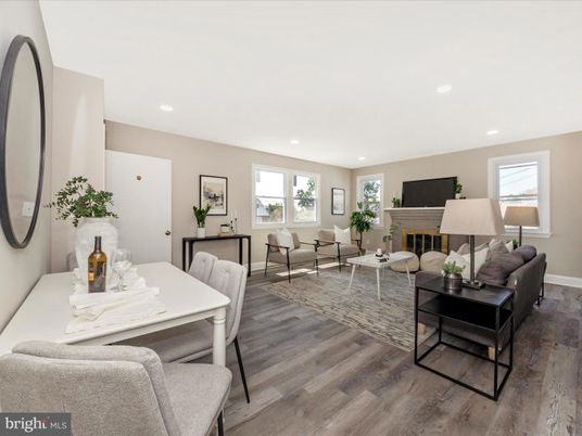 Dining room, Fireplace, Interior, Living room, Recessed Lighting, Wood Texture Flooring