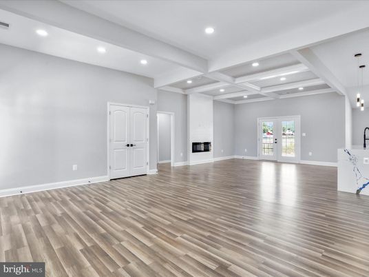 Empty room, Fireplace, Interior, Pendant Lights, Recessed Lighting, Wood Texture Flooring