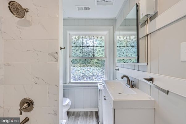 Bathroom, Interior, Marble Walls, Wood Texture Flooring