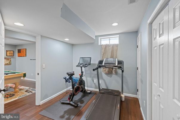 Billiard Table, Fitness Equipment, Game Room, Interior, Recessed Lighting, Wood Texture Flooring