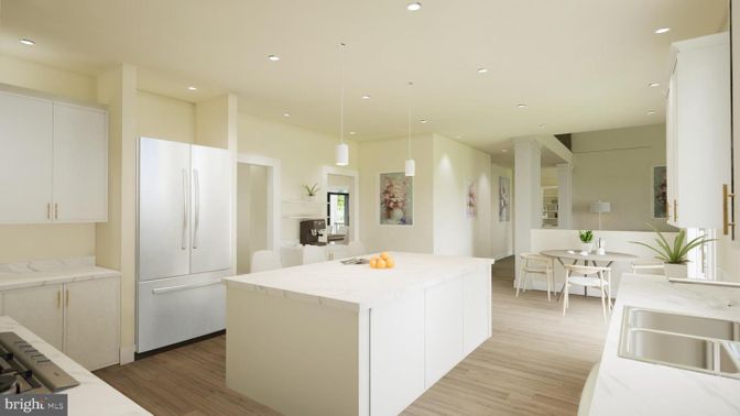 Dining room, Interior, Kitchen, Pendant Lights, Recessed Lighting, Wood Texture Flooring