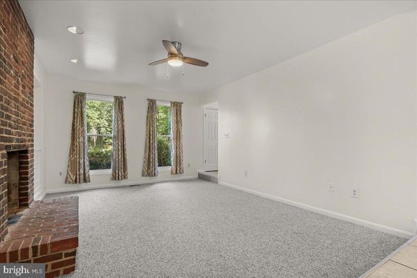 Empty room, Fireplace, Interior, Recessed Lighting, Stone Walls