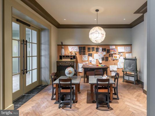 Dining room, Interior, Pendant Lights, Recessed Lighting, Wood Texture Flooring