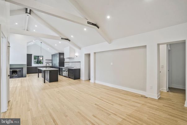 Fireplace, Interior, Kitchen, Pendant Lights, Recessed Lighting, Wood Texture Flooring