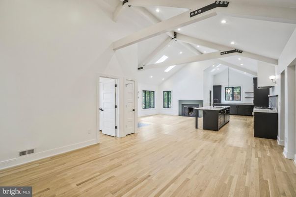 Fireplace, Interior, Kitchen, Pendant Lights, Recessed Lighting, Wood Texture Flooring