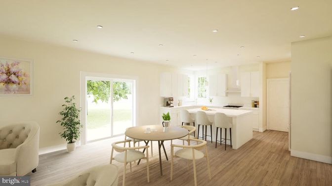 Dining room, Interior, Kitchen, Pendant Lights, Recessed Lighting, Wood Texture Flooring