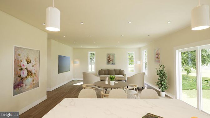 Dining room, Interior, Pendant Lights, Recessed Lighting, Wood Texture Flooring