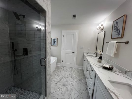 Bathroom, Dual Sink Vanities, Glass Shower, Interior, Marble