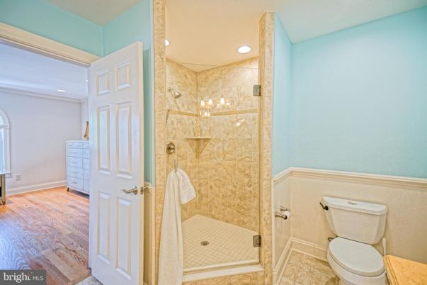 Bathroom, Glass Shower, Interior, Recessed Lighting, Wood Texture Flooring