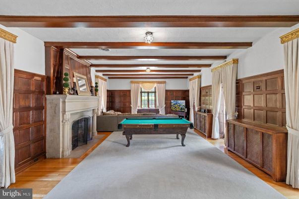 Billiard Table, Fireplace, Game Room, Interior, Wooden Beams, Wood Texture Flooring