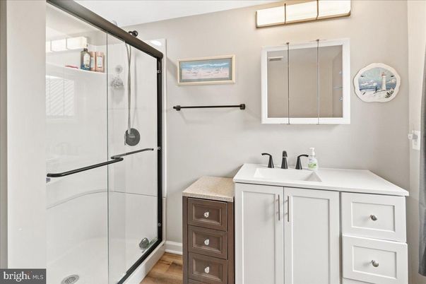 Bathroom, Glass Shower, Interior, Wood Texture Flooring