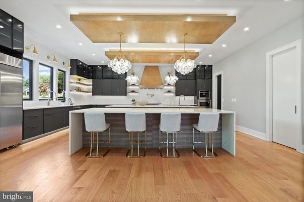Chandelier, Interior, Kitchen, Pendant Lights, Recessed Lighting, Stainless Steel Appliances, Wood Texture Flooring
