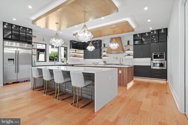 Chandelier, Interior, Kitchen, Pendant Lights, Recessed Lighting, Stainless Steel Appliances, Wood Texture Flooring