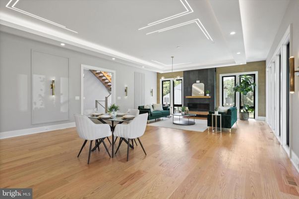 Dining room, Interior, Living room, Pendant Lights, Recessed Lighting, Wood Texture Flooring