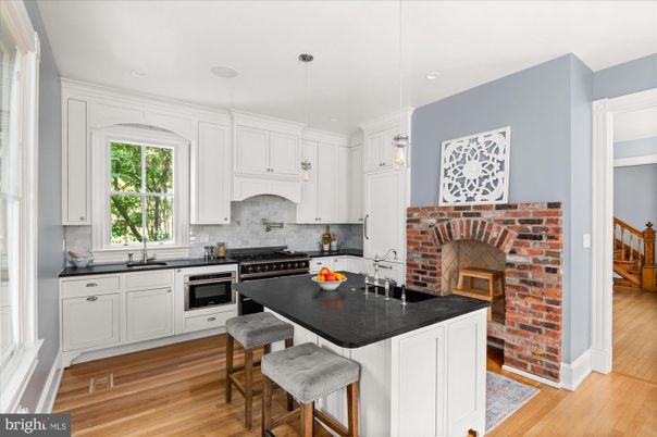 Interior, Kitchen, Pendant Lights, Recessed Lighting, Stainless Steel Appliances, Stone Walls, Wood Texture Flooring