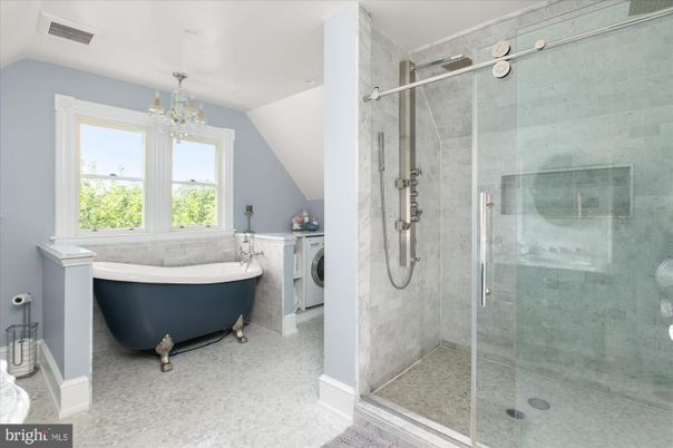 Bathroom, Chandelier, Free Standing Baths, Glass Shower, Interior, Recessed Lighting