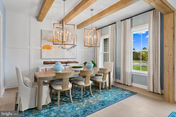 Dining room, Interior, Pendant Lights, Wooden Beams, Wood Texture Flooring