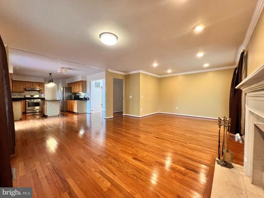 Fireplace, Interior, Kitchen, Recessed Lighting, Stainless Steel Appliances, Wood Texture Flooring