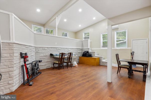 Dining room, Interior, Recessed Lighting, Stone Walls, Wood Texture Flooring