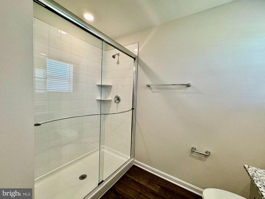 Bathroom, Glass Shower, Interior, Recessed Lighting, Wood Texture Flooring