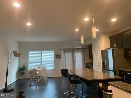 Dining room, Interior, Kitchen, Pendant Lights, Recessed Lighting, Wood Texture Flooring