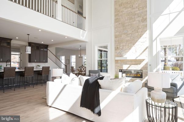 Dining room, Fireplace, Interior, Kitchen, Living room, Pendant Lights, Recessed Lighting, Stone Walls, Wood Texture Flooring