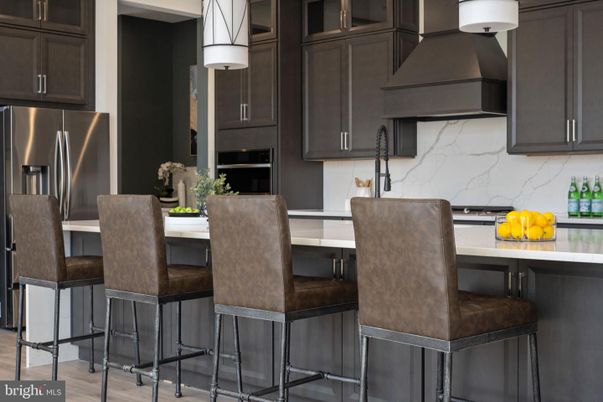 Interior, Kitchen, Marble Walls, Pendant Lights, Stainless Steel Appliances, Wood Texture Flooring