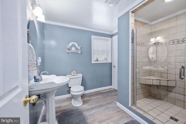 Bathroom, Glass Shower, Interior, Recessed Lighting, Wood Texture Flooring