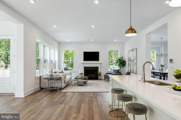 Fireplace, Interior, Kitchen, Living room, Pendant Lights, Recessed Lighting, Wood Texture Flooring