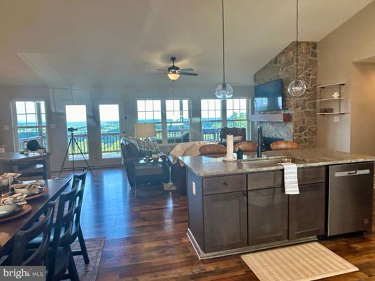 Dining room, Interior, Kitchen, Living room, Pendant Lights, Stone Walls, Wood Texture Flooring