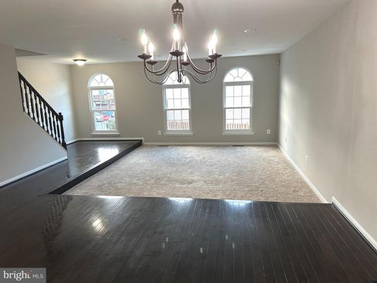 Chandelier, Empty room, Interior, Recessed Lighting, Wood Texture Flooring