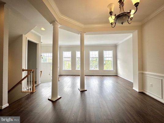 Chandelier, Empty room, Interior, Recessed Lighting, Wood Texture Flooring